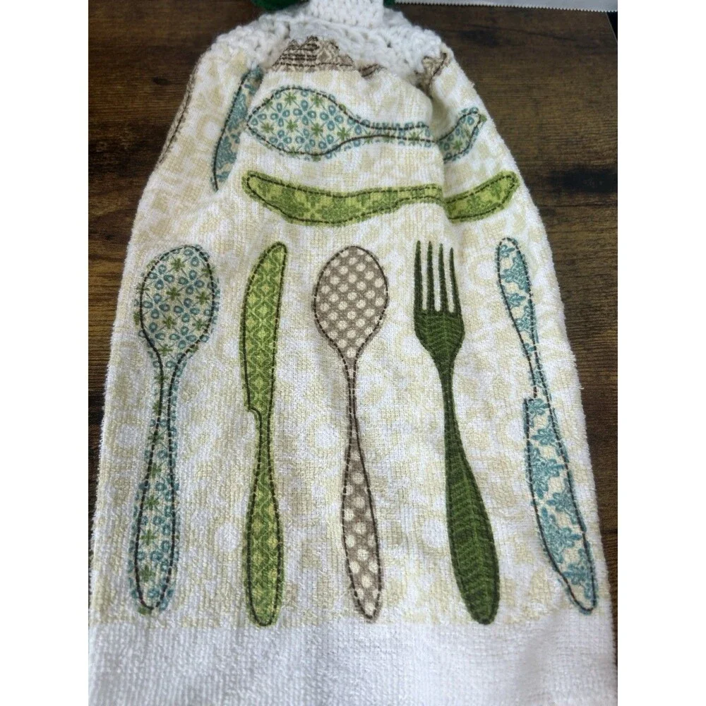 Set Of 2 Hanging Kitchen Towels Crochet Top Spoon Fork Farmhouse Decor Rustic